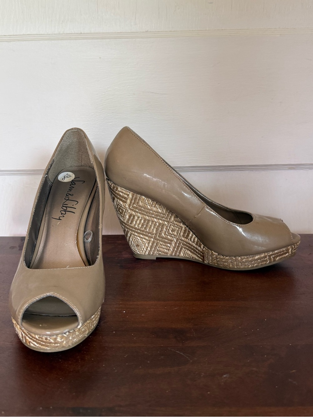 Sam & Libby gray patent peep toe wedges